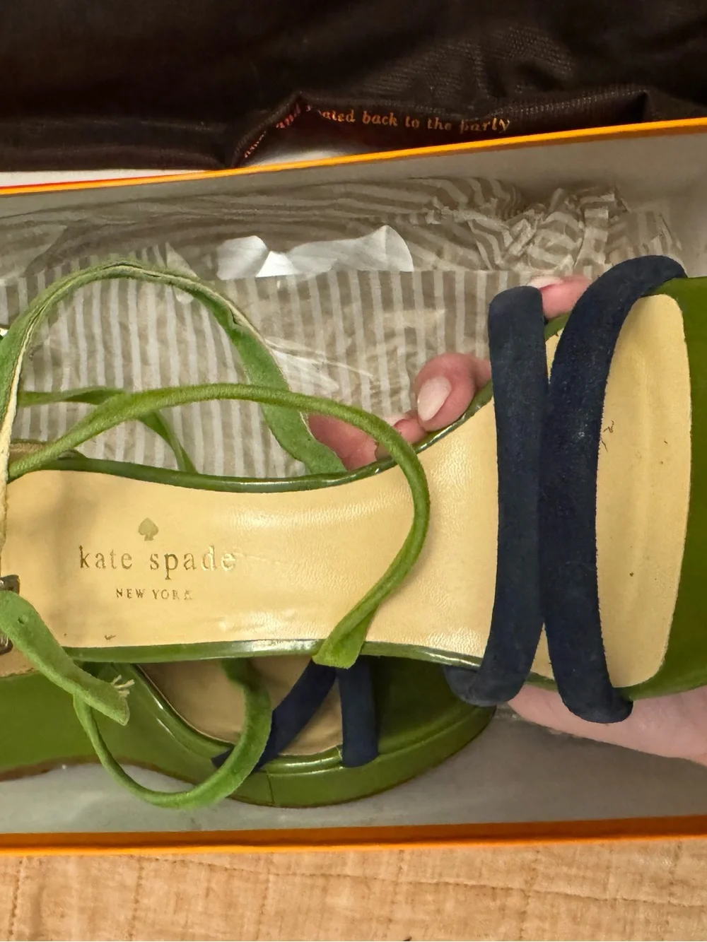 Kate Spade ♠️ Vanessa Green Patent Wedges with Navy accent Straps